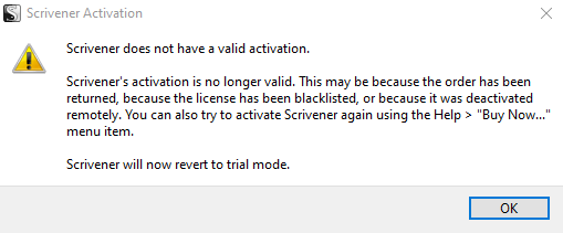 The activation error in Scrivener for Windows.